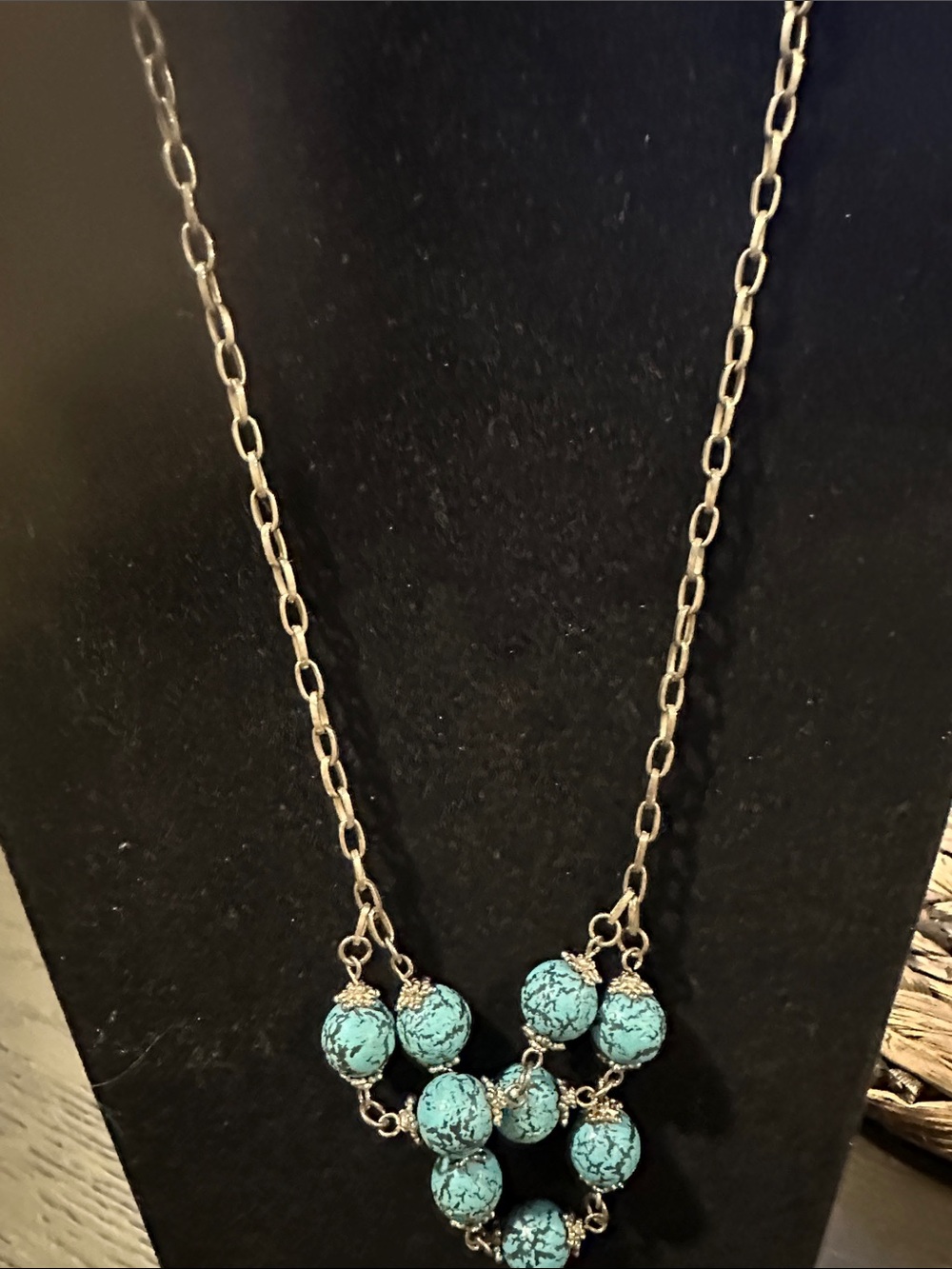 Vtg Turquoise Cluster Necklace with Silver Tone Chain